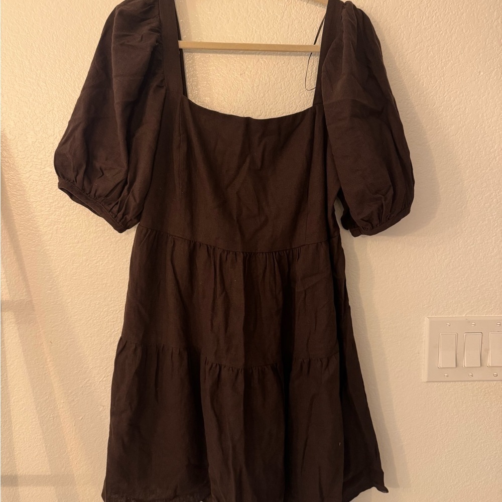 House of Harlow 1969 Chocolate Brown Tiered Babydoll Mini Dress Square Neck - Picture 2 of 8
